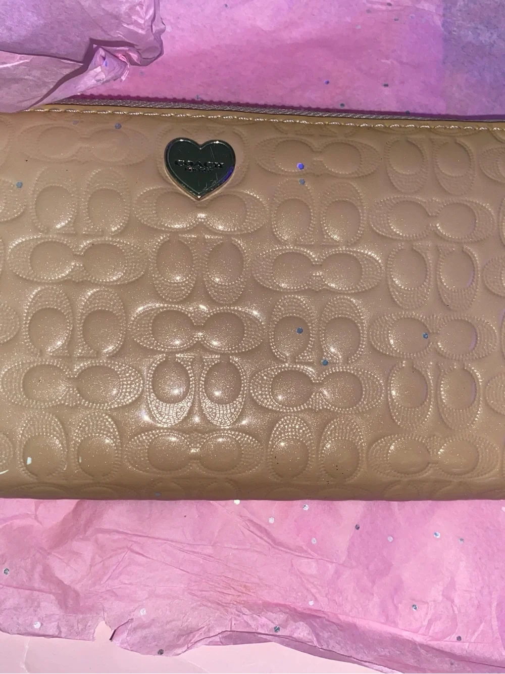 Coach Pebbled Signature Heart Wristlet in Beige